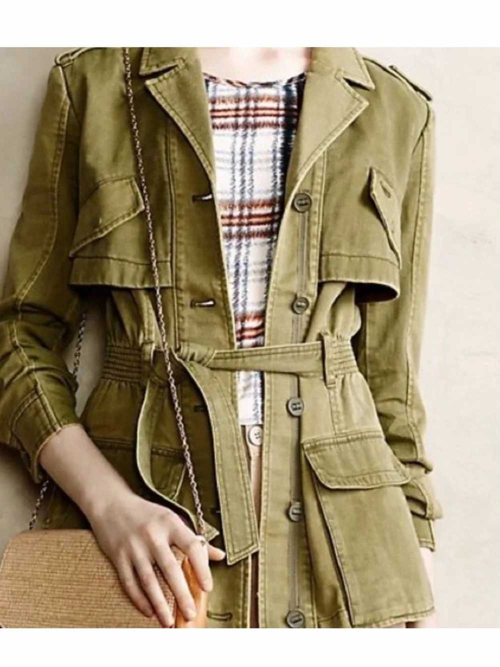 ANTHROPOLOGIE HEI HEI Modern Arty Ruffle Peplum Olive Utility Tie-Waist Jacket S